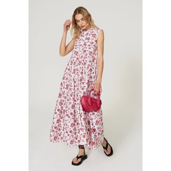 Patou Shocked Red White Floral Printed Mock Neck Maxi Dress Women's Size FR 40 - Picture 1 of 9
